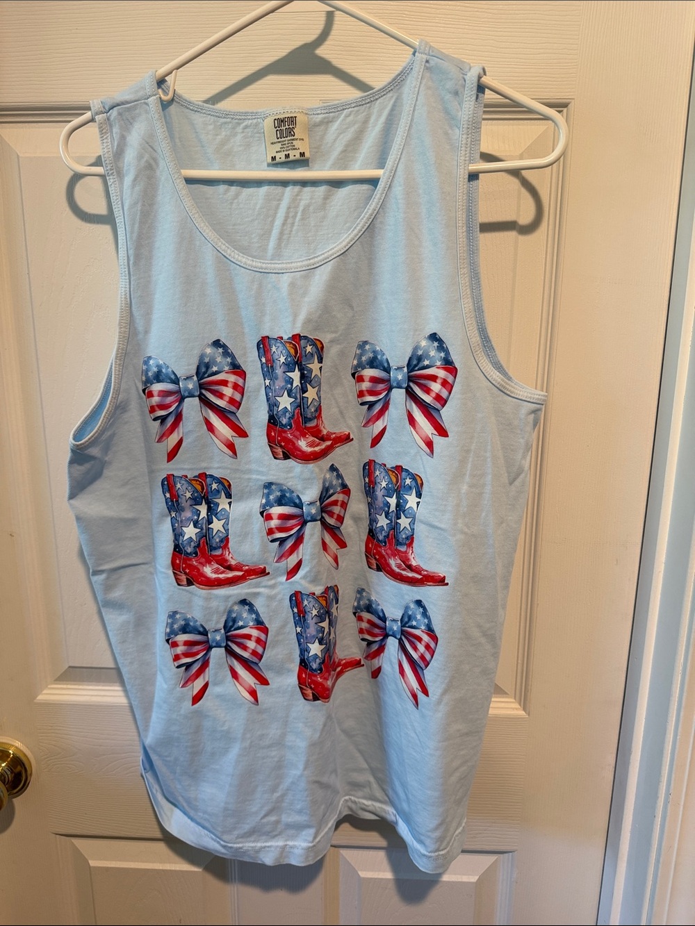 Comfort Colors Light Blue Patriotic Cowboy Boot & Bow Tank